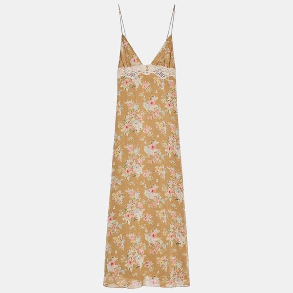 ZARA FLORAL PRINT LACE MIDI DRESS KHAKI NWT SIZE 2XL - Picture 7 of 9